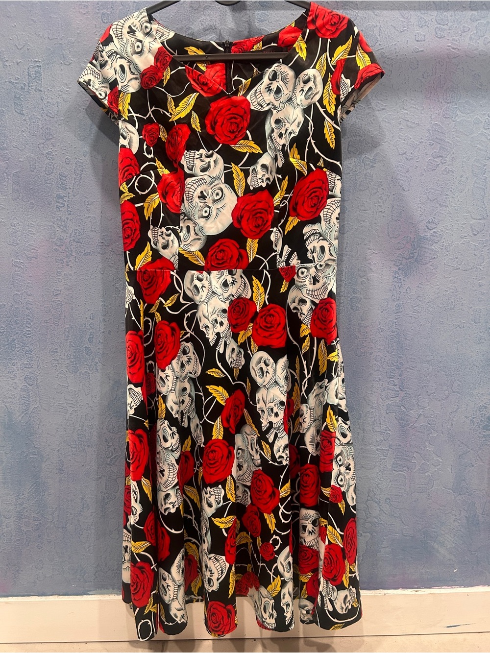 Black Midi Dress with Red Rose & Skull Print